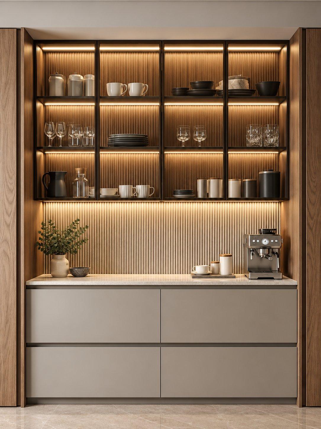 2026 crockery unit design idea: crockery unit with a stone counter, drawers below and a tall lit glass wall unit above — Willow Interiors concept render