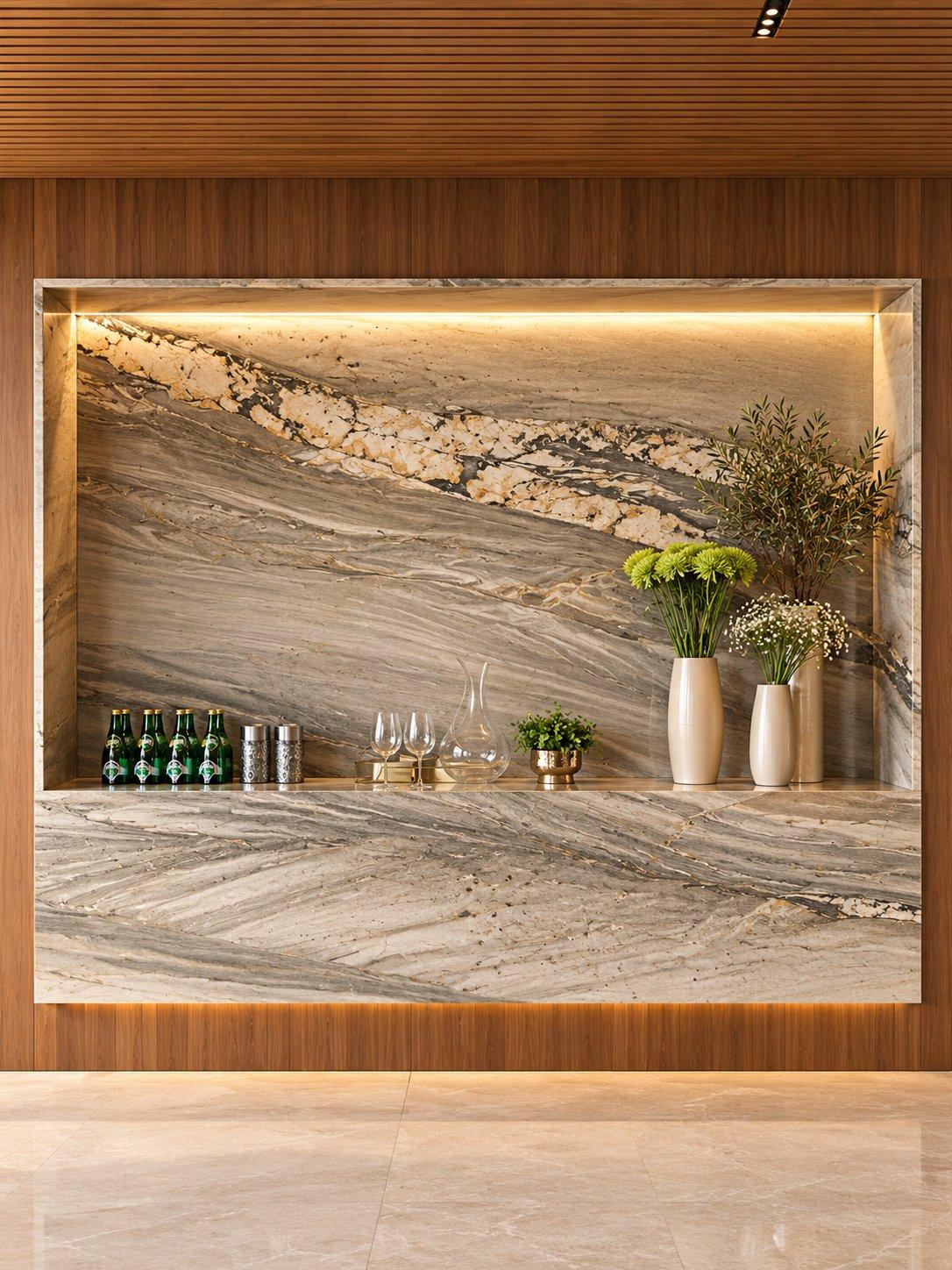 2026 crockery unit design idea: crockery niche clad entirely in veined marble with a lit shelf, set into a wood-panelled wall — Willow Interiors concept render