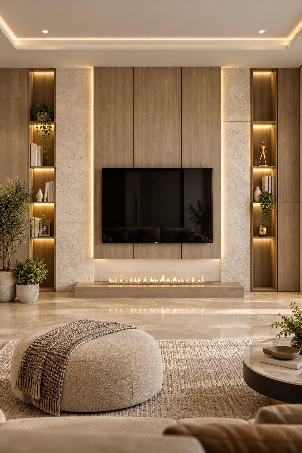 2026 TV unit design idea: floor-to-ceiling TV wall with tall wood panels, lit storage niches and a fireplace below the TV — Willow Interiors concept render
