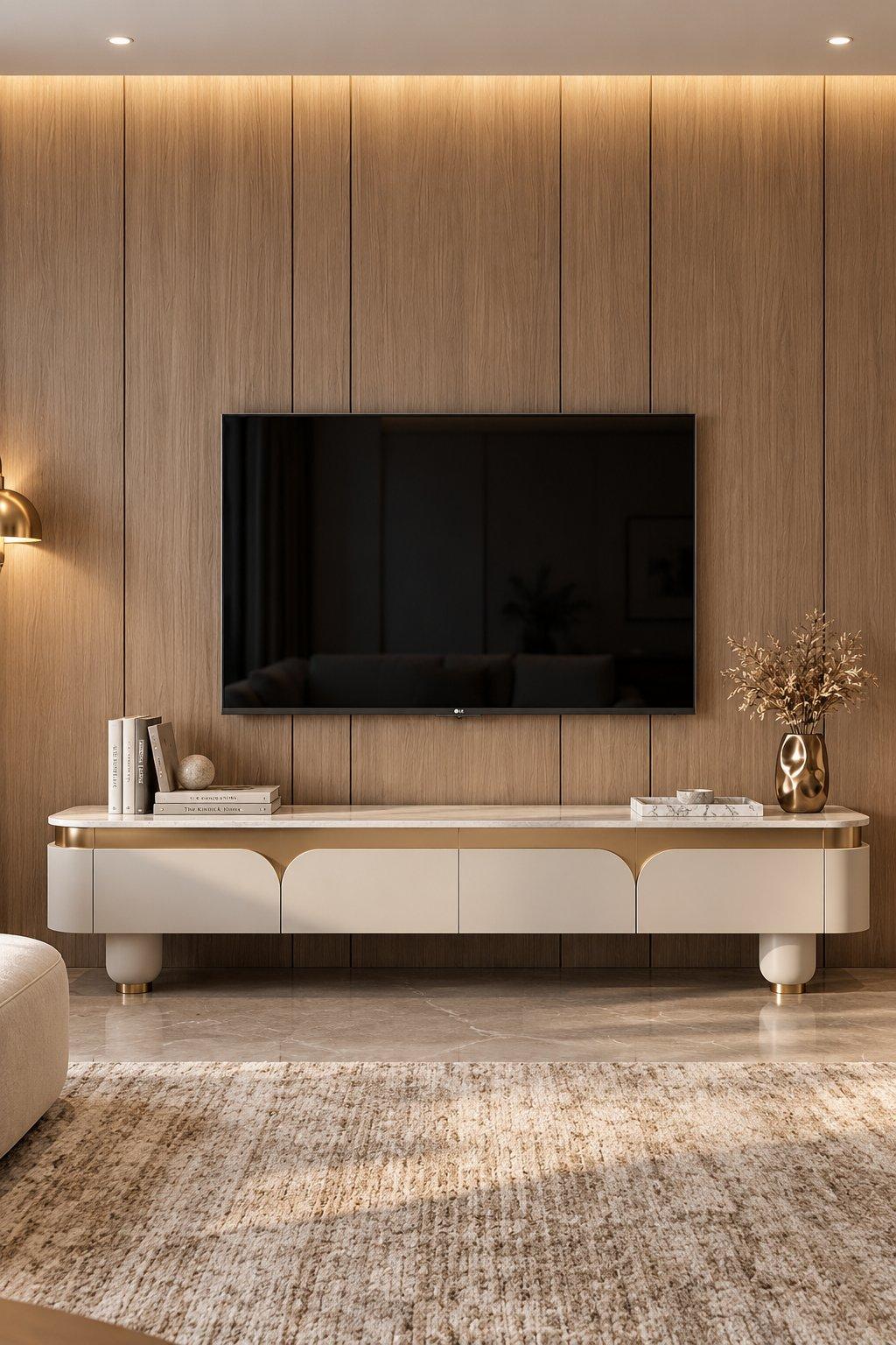 2026 TV unit design idea: cream statement TV console with brass accents and legs, against simple wood panelling — Willow Interiors concept render