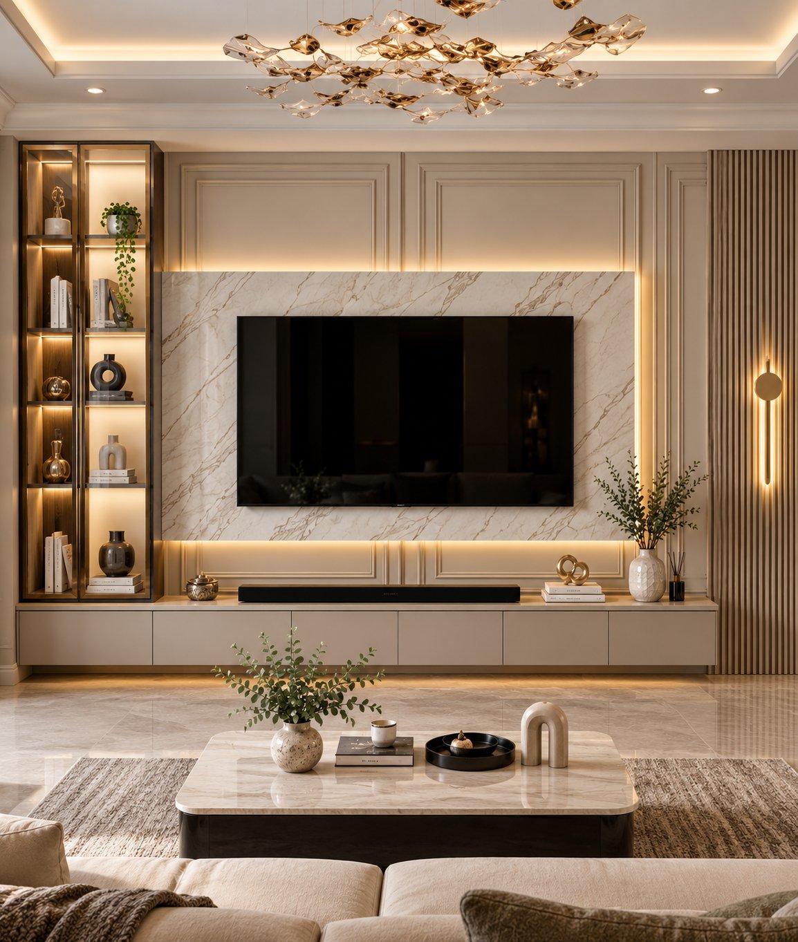 2026 TV unit design idea: living room TV wall with PVC moulding frames, a lit marble-look panel and a low console — Willow Interiors concept render