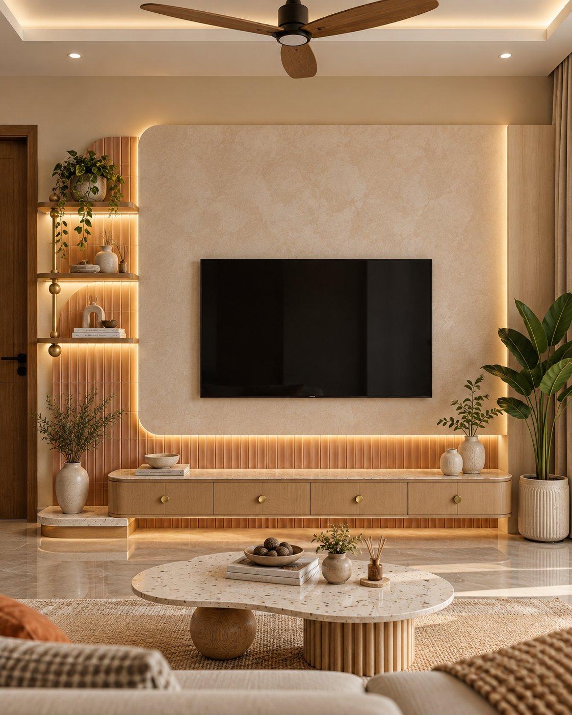 2026 TV unit design idea: TV wall with terracotta brick-look panels, a stone-textured backdrop and lit open shelves — Willow Interiors concept render