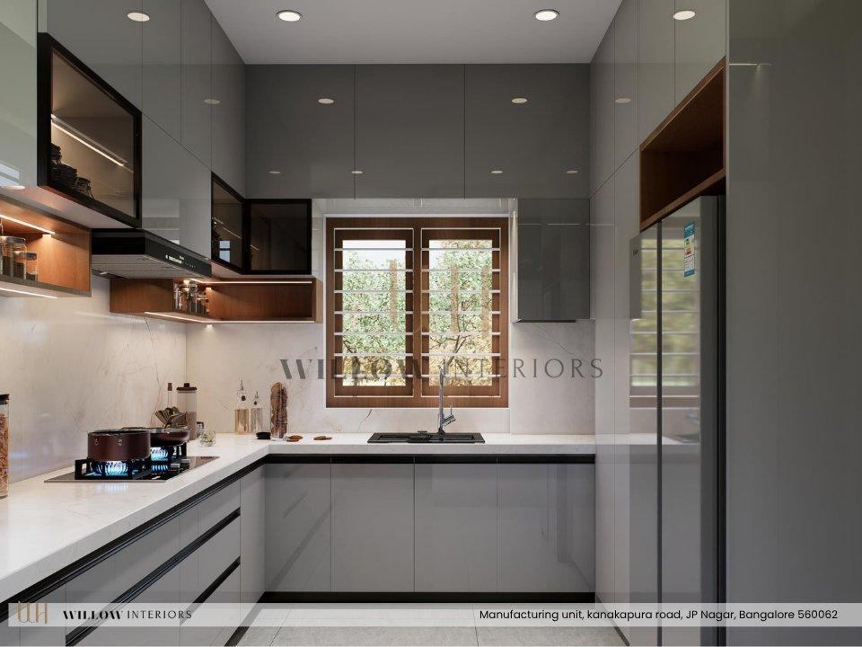 Grey modular kitchen with a tall fridge unit and walnut open shelf — 3D interior design for an independent house in Bangalore
