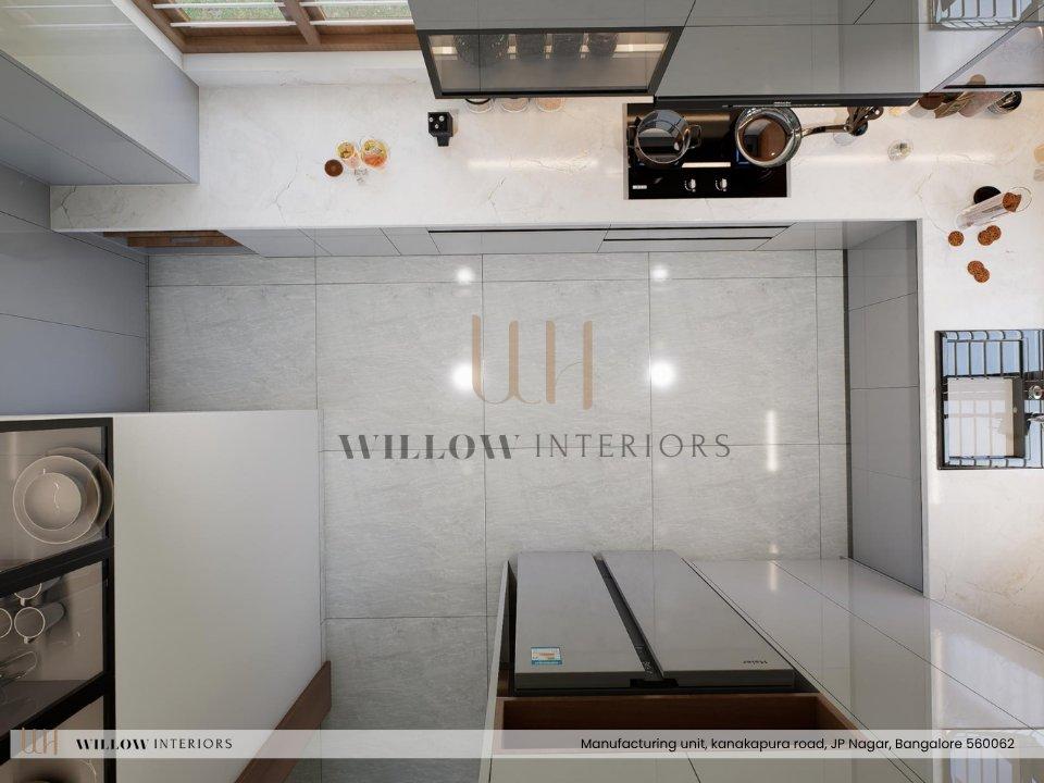Overhead view of the modular kitchen counter and hob — 3D interior design for an independent house in Bangalore