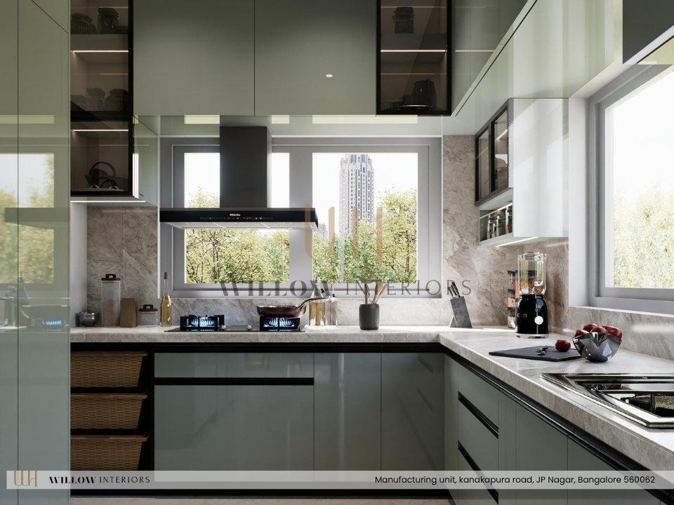 Sage-green L-shaped modular kitchen with glass wall cabinets — 3D interior design for an independent house in Bangalore
