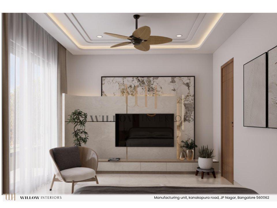 Bedroom TV unit with a floral panel and armchair — 3D interior design for an independent house in Bangalore