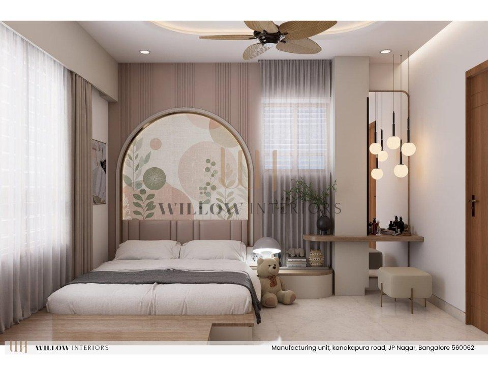 Girl’s bedroom with an arched mural headboard and dressing corner — 3D interior design for an independent house in Bangalore