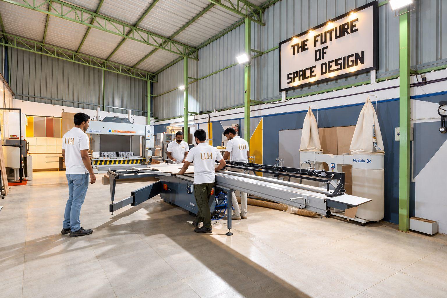 Willow team cutting plywood boards to size on a sliding panel saw at the manufacturing unit in JP Nagar, Bangalore