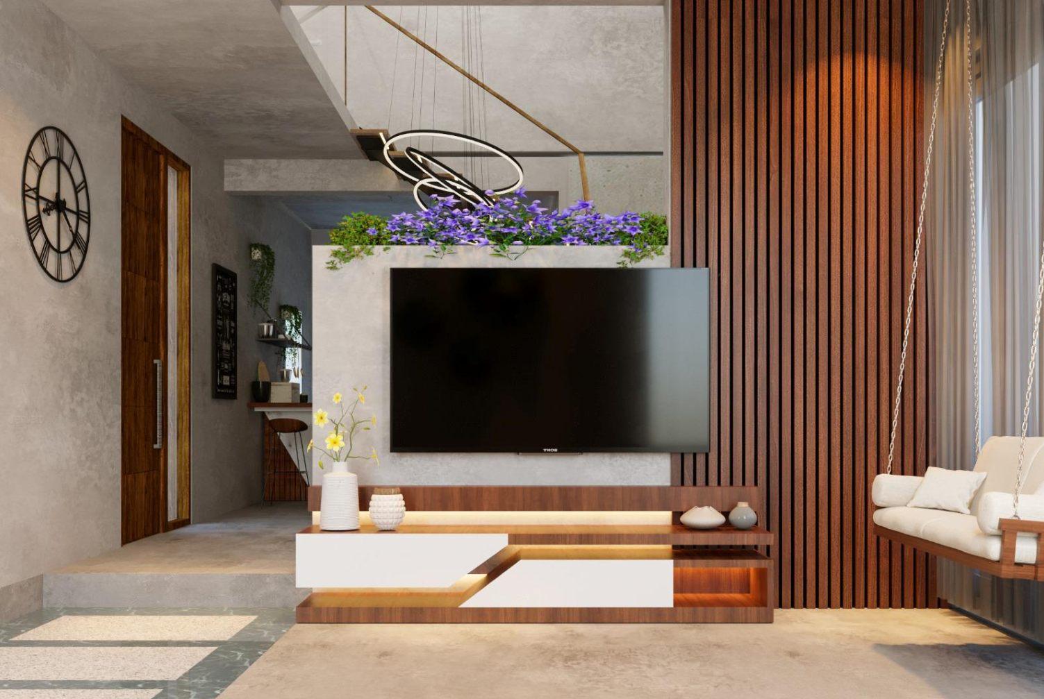 3D render — walnut TV unit and fluted wall, Gubbi Gudu villa, Anjanapura, Bangalore