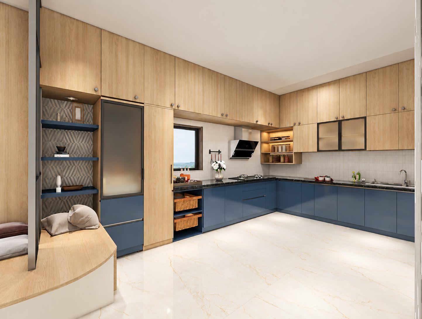 3D render of an L-shaped modular kitchen with blue base cabinets and wood-finish wall units
