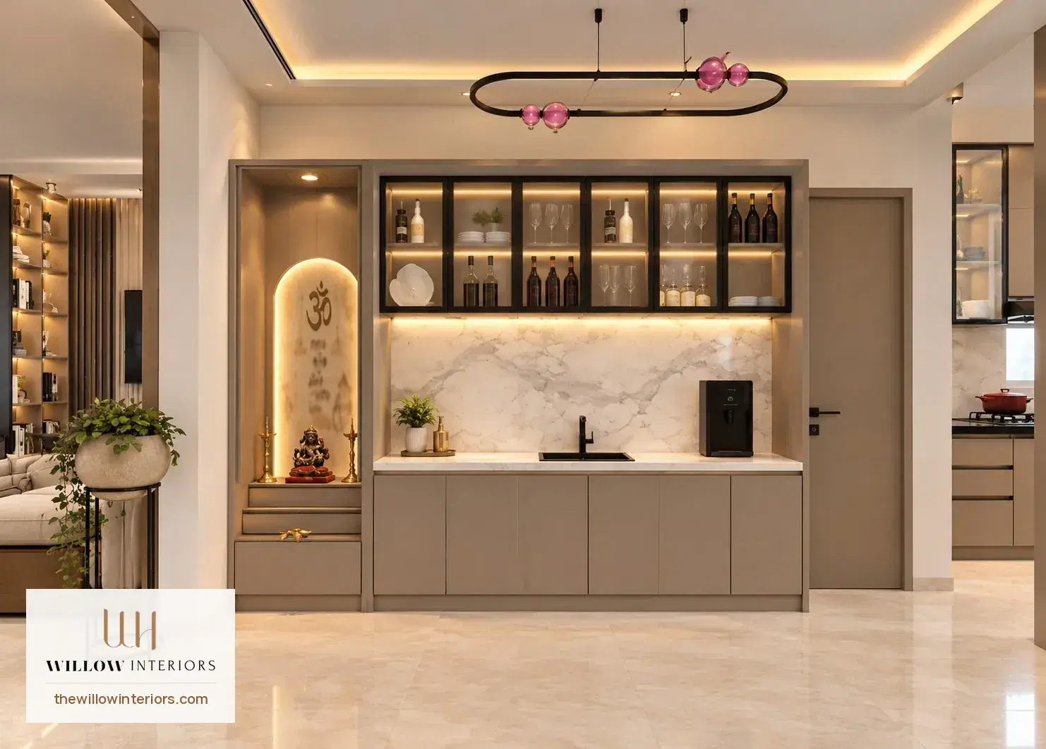 Dining area of a Birla Apple Aroma 3BHK, crockery and pooja units on one wall