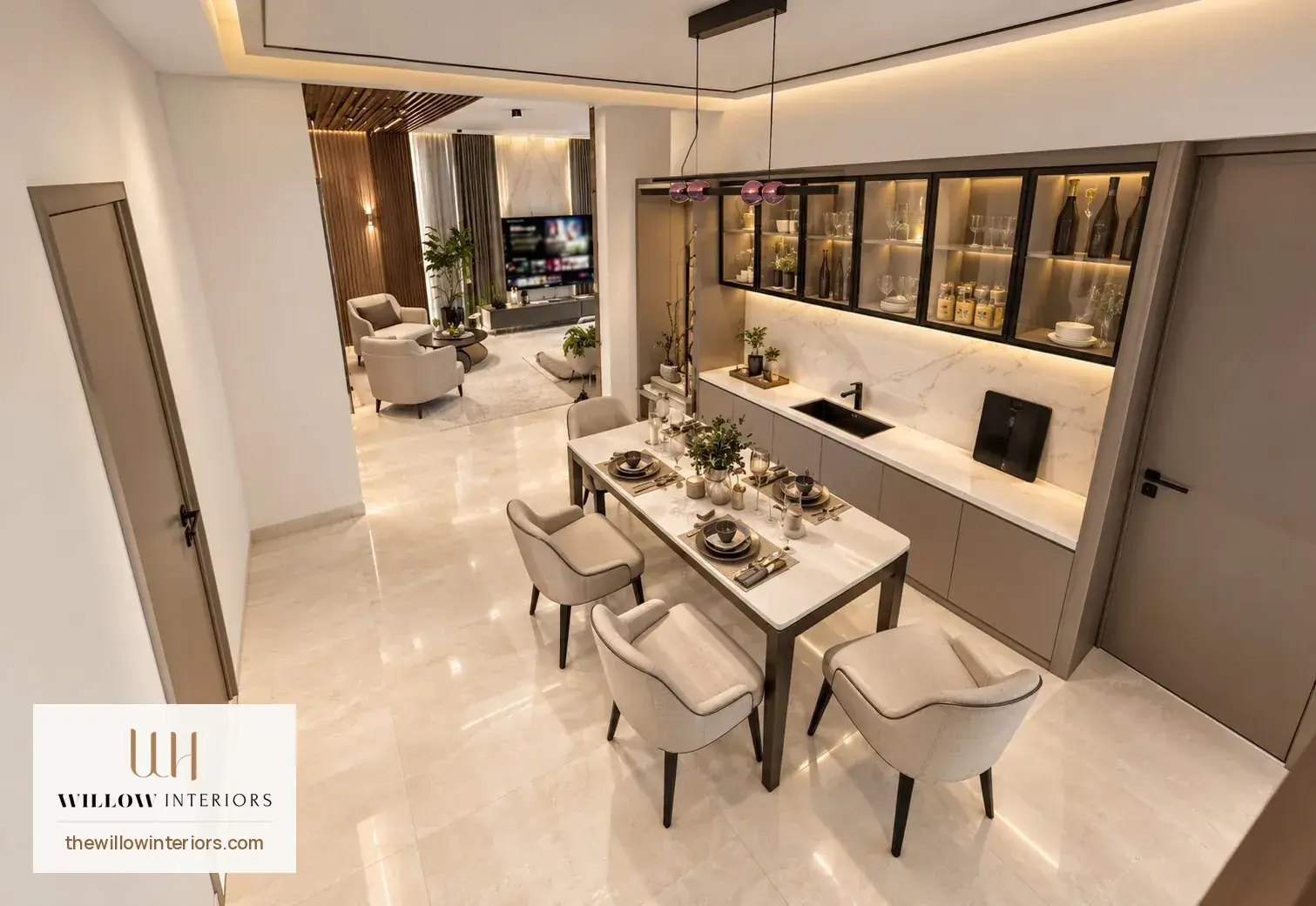 Top view of the dining area with a large dining table
