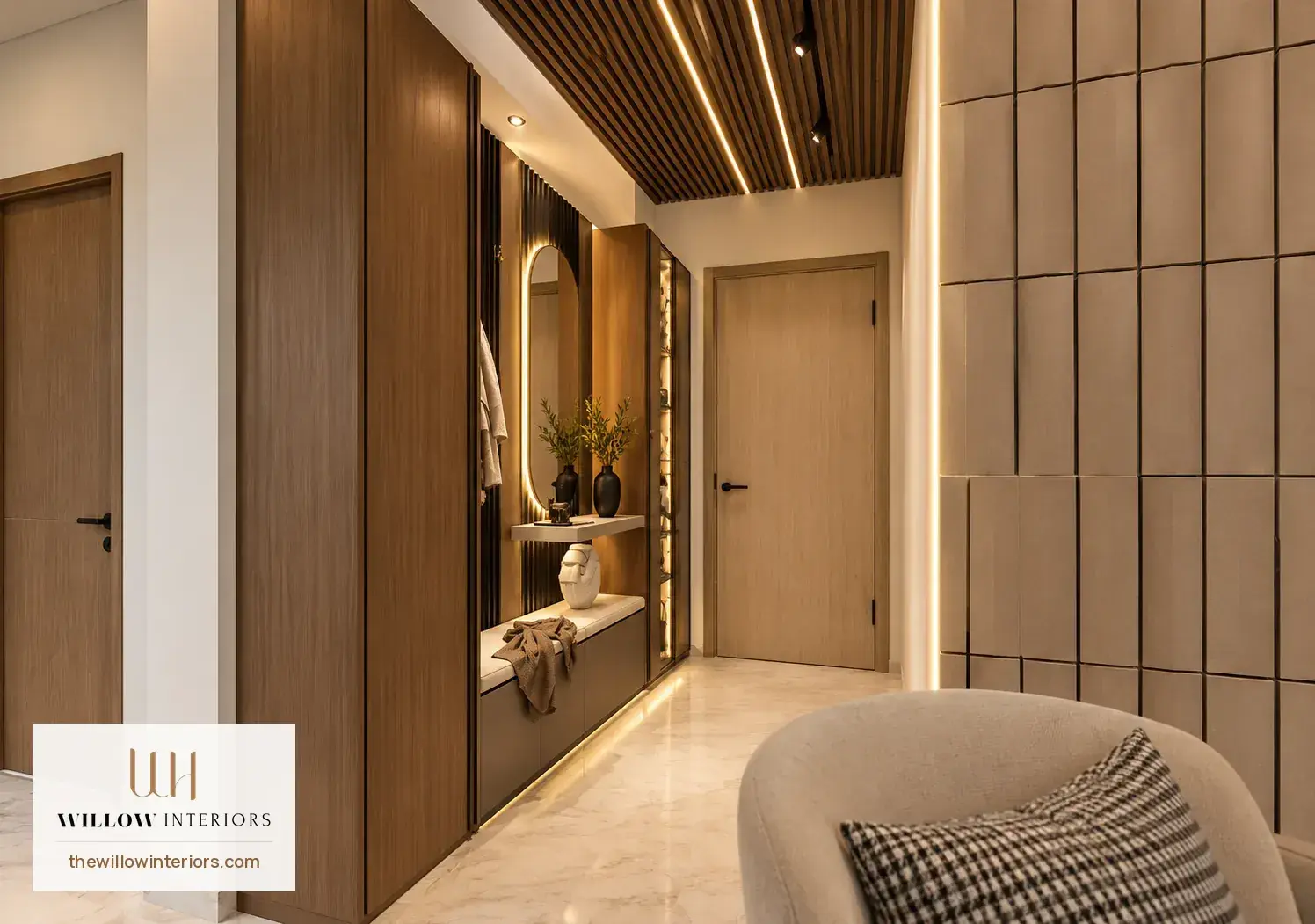 Foyer design in a Birla Apple Aroma 3BHK: semi-tall shoe cabinet, seat, open shelves and mirror