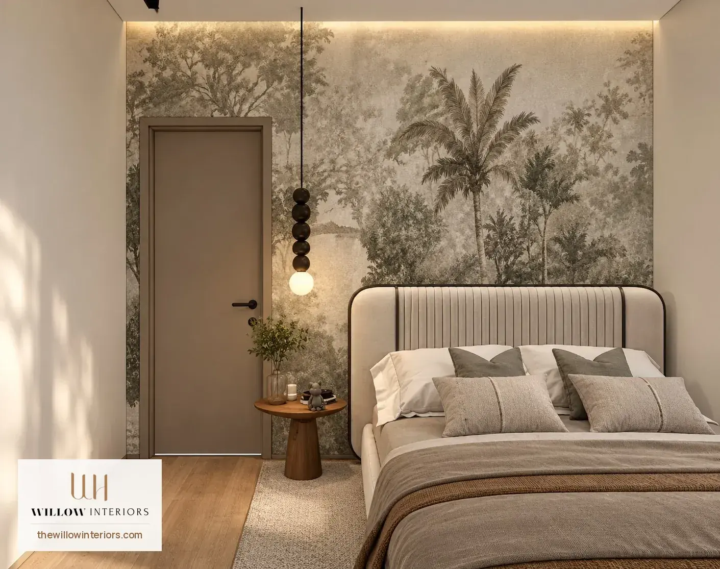 Guest bedroom and study in a Birla Apple Aroma 3BHK, wallpaper on the bed wall