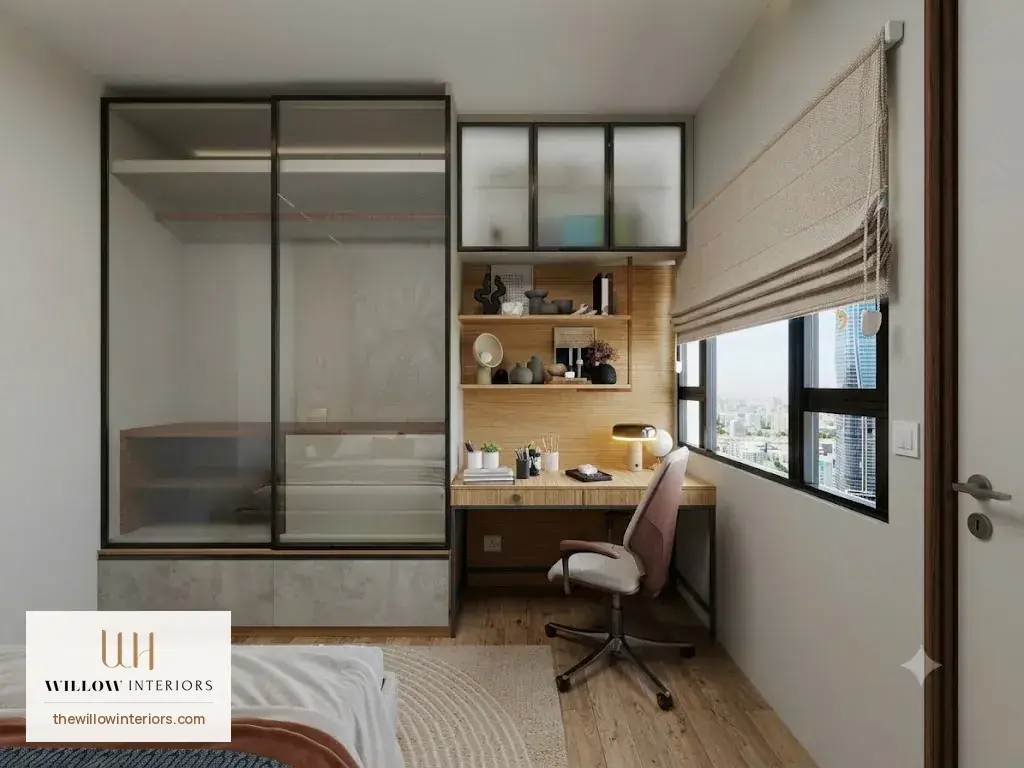 Sliding-door wardrobe and window study on one wall