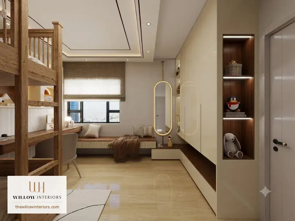 Kids bedroom in a Birla Apple Aroma 3BHK with a bunk bed and study desk