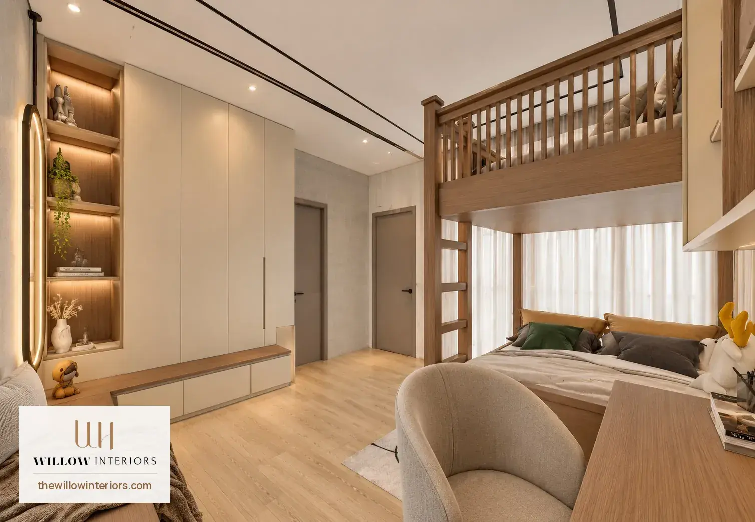 Full-height kids wardrobe with drawers, open niches and handleless doors