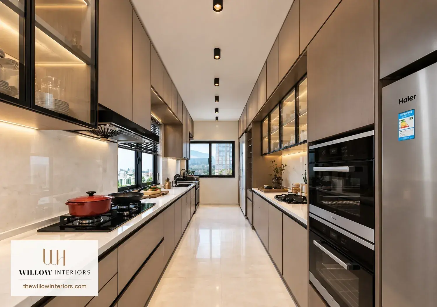 Parallel modular kitchen in a Birla Apple Aroma 3BHK, wall units to the ceiling on the stove side