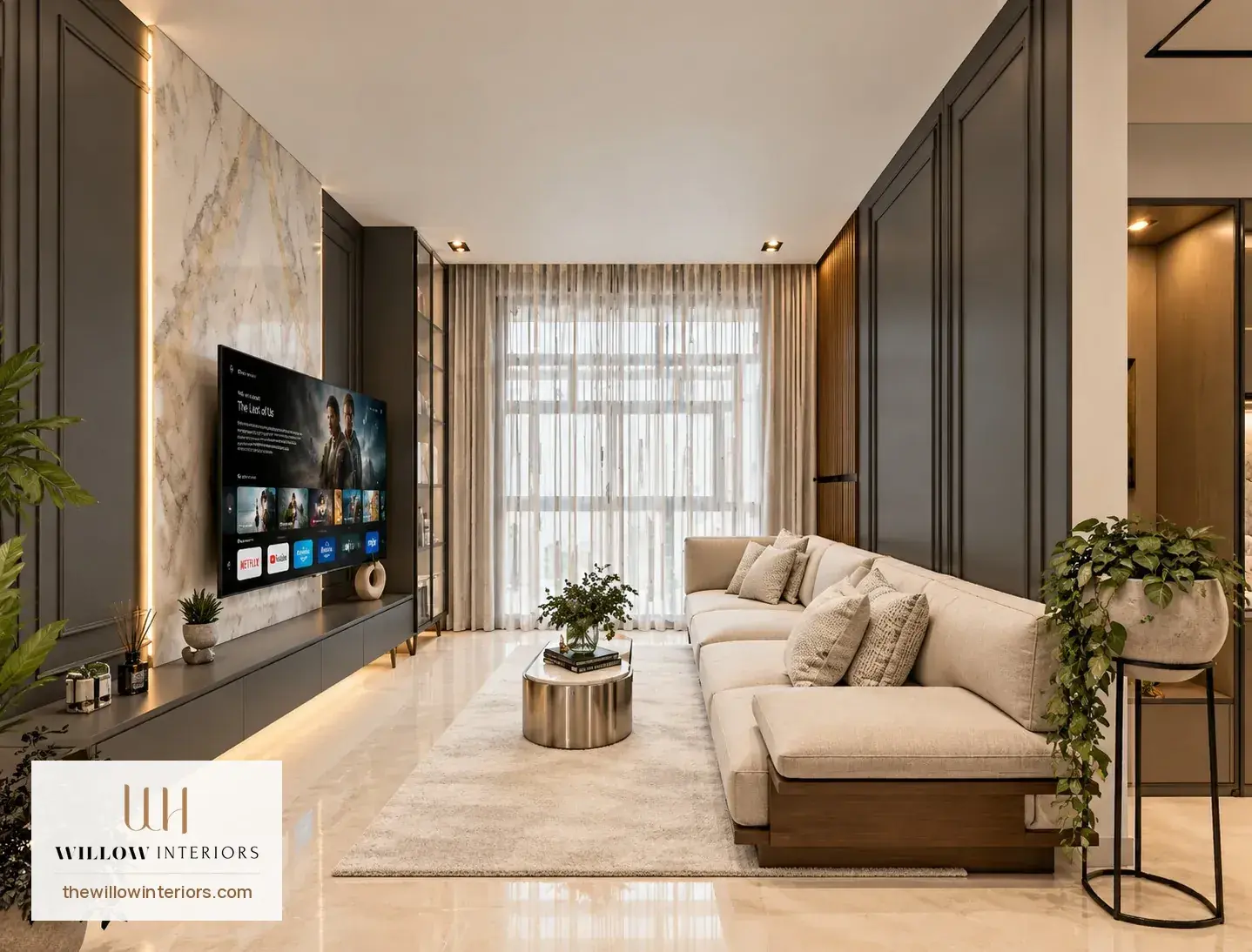 Living room interior design for a 3BHK at Birla Apple Aroma, JP Nagar 8th Phase
