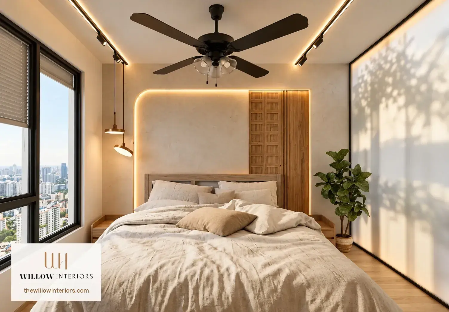 Master bedroom bed wall in a Birla Apple Aroma 3BHK, beam and column covered with a lit niche