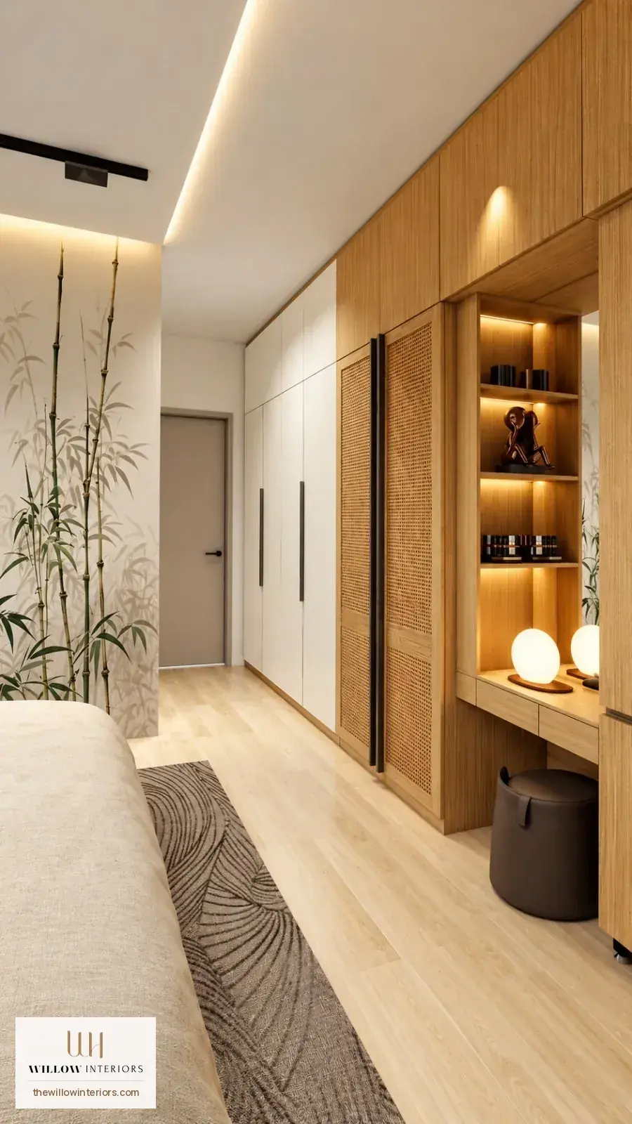 Two-tone wardrobe wall with rattan in the master bedroom