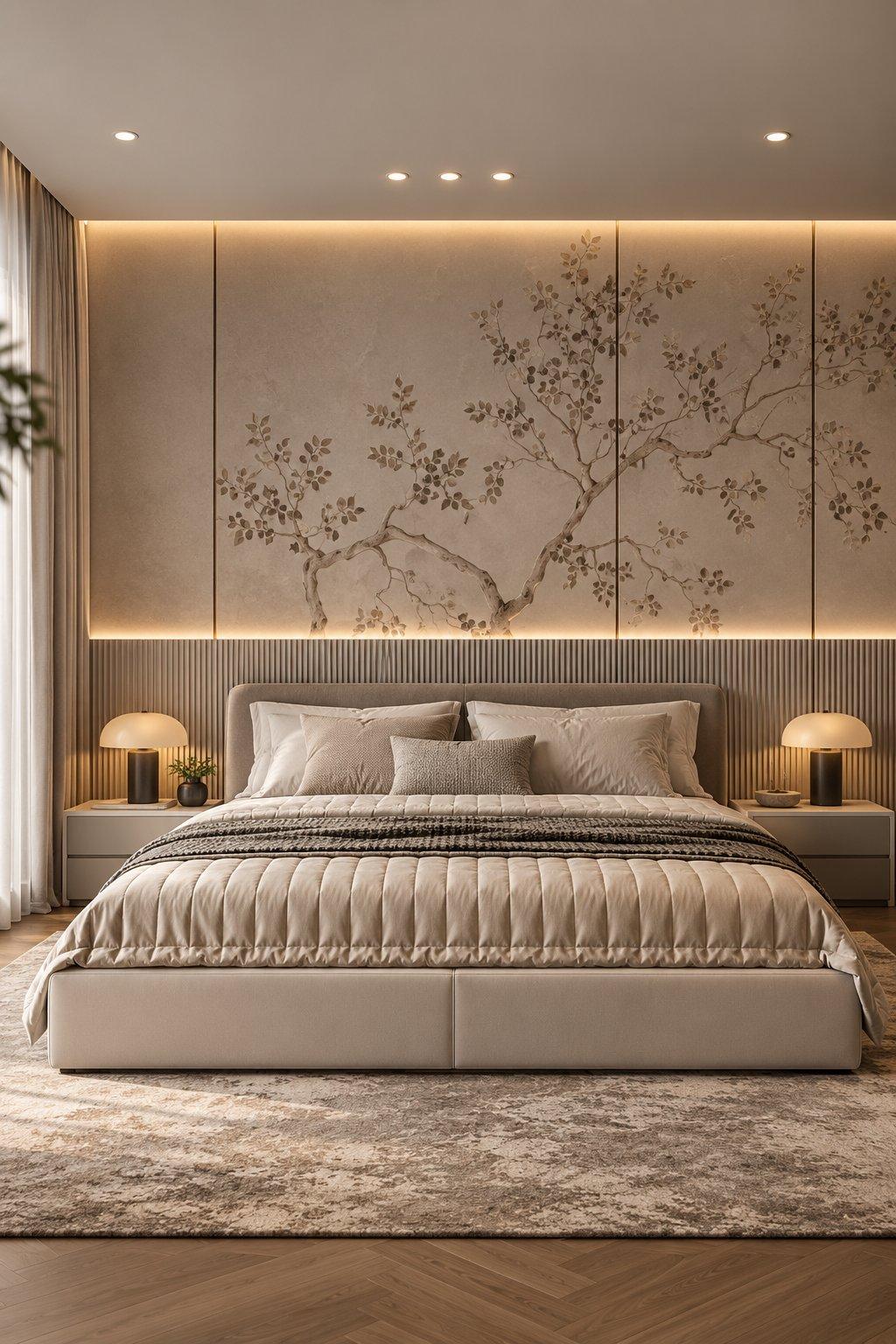 2026 bed back wall design idea: fluted bed back panel on the lower wall with tree-print wallpaper and lighting above — Willow Interiors concept render