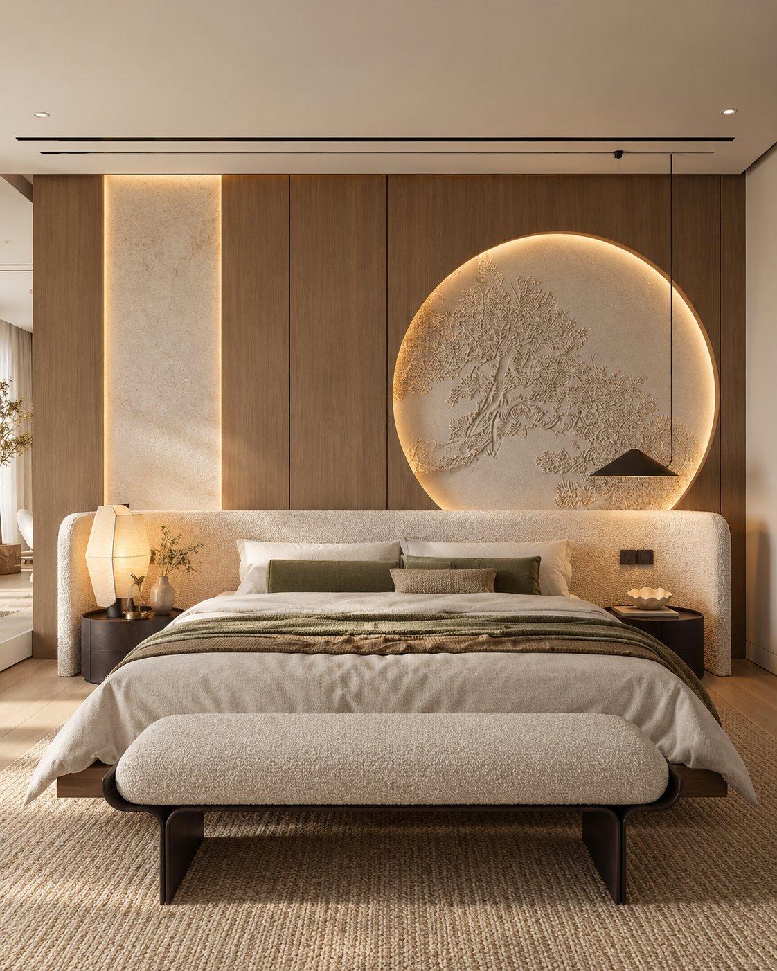2026 bed back wall design idea: full wood-panelled bed wall with a large lit circular cutout carved with a tree — Willow Interiors concept render