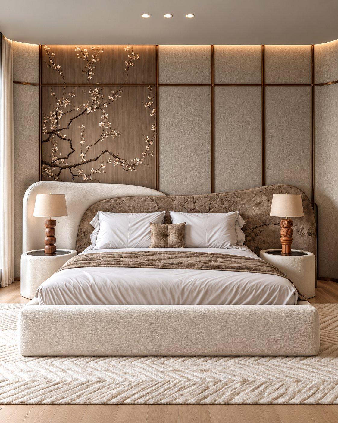 2026 bed back wall design idea: one cherry-blossom printed panel framed by polished wooden strips behind a curved bed — Willow Interiors concept render