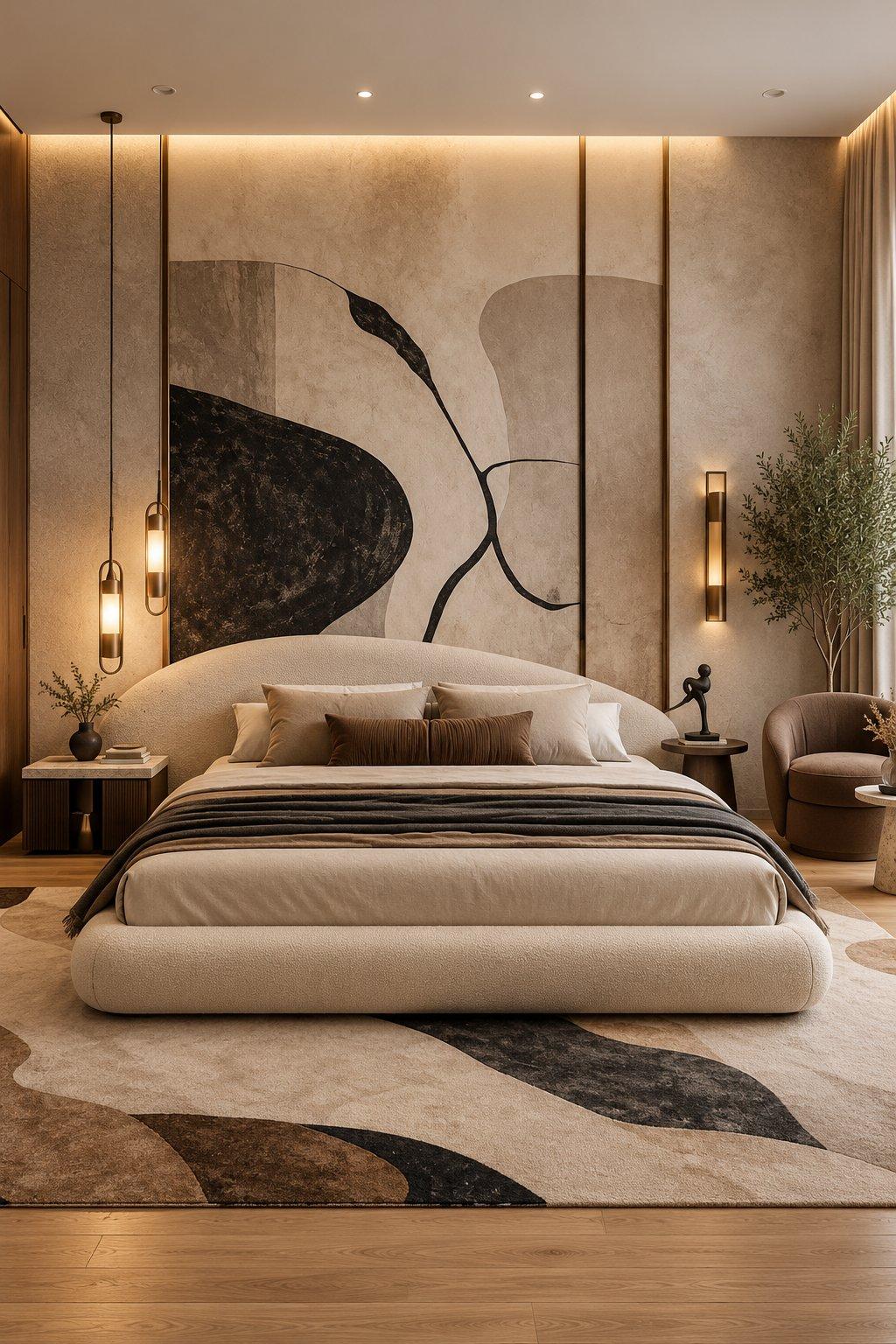 2026 bed back wall design idea: large black and beige abstract wallpaper behind a curved upholstered bed — Willow Interiors concept render