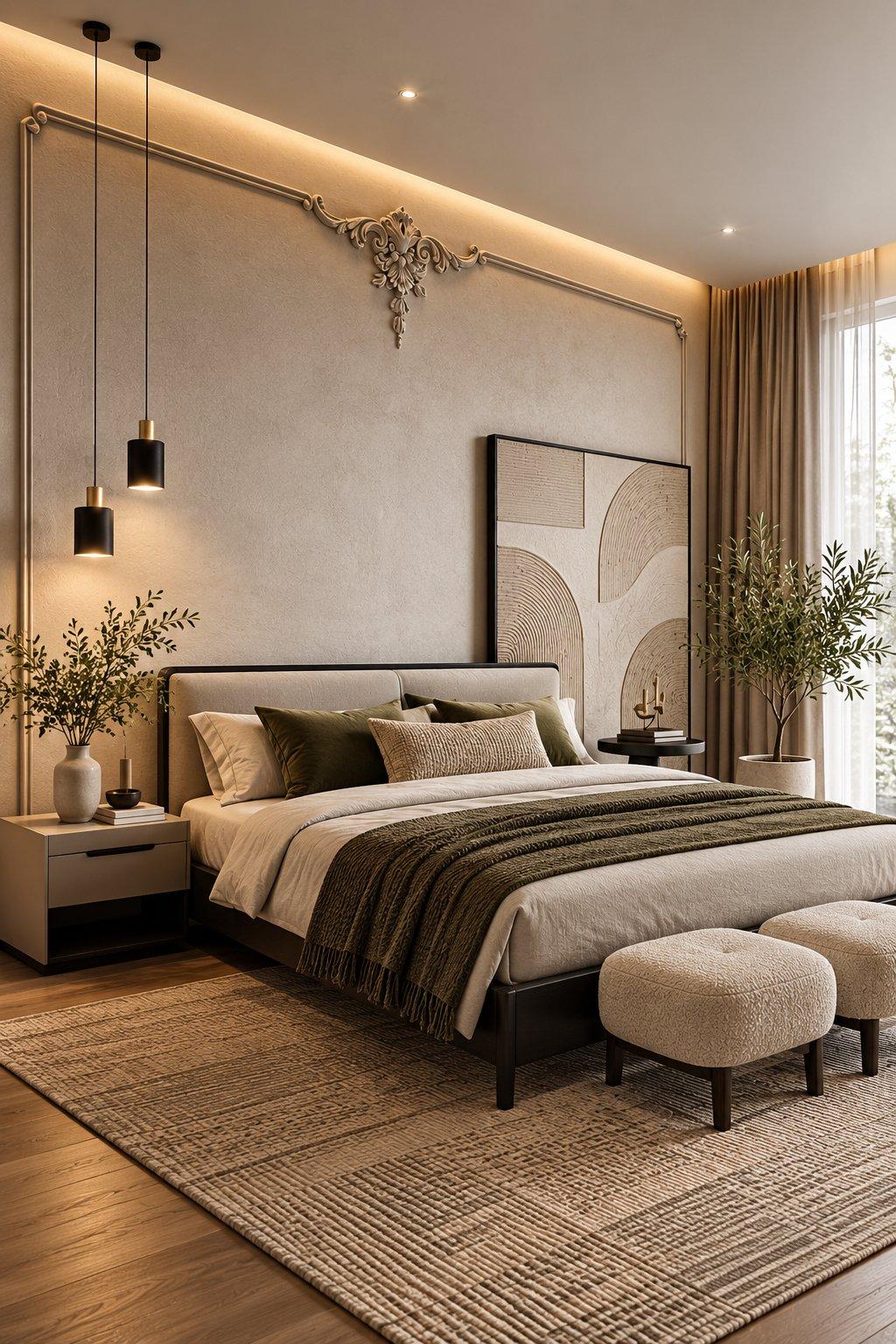 2026 bed back wall design idea: bedroom wall with PVC moulding frames, carved corner pieces, pendant lights and large artwork — Willow Interiors concept render
