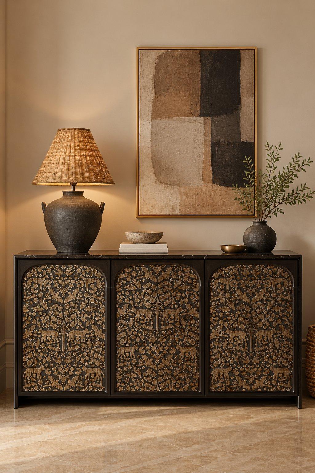2026 console design idea: black console with gold carved animal and floral arched shutters, styled with a lamp and artwork — Willow Interiors concept render