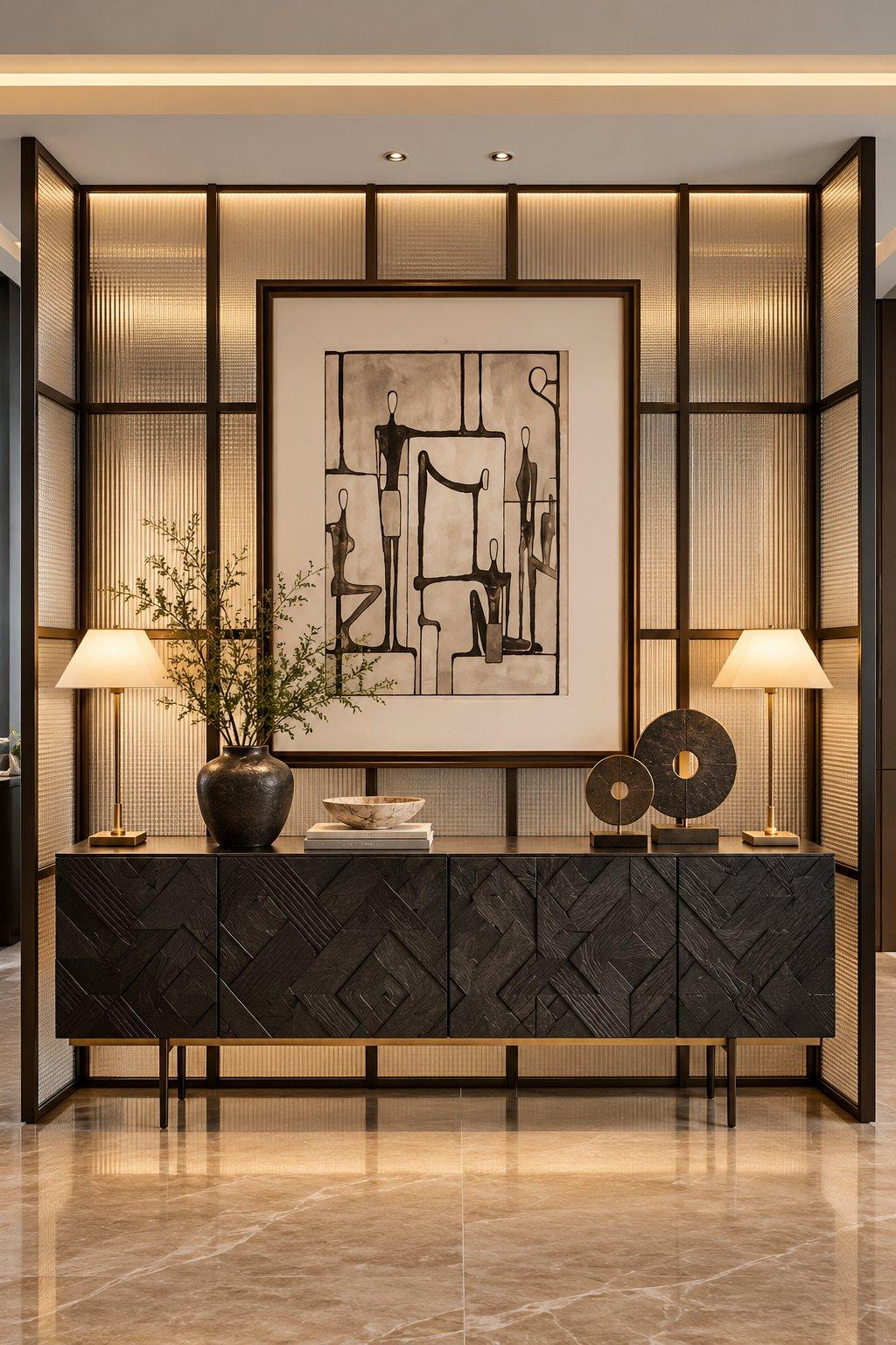 2026 console design idea: black console with a geometric textured front on metal legs, in front of a fluted-glass partition — Willow Interiors concept render