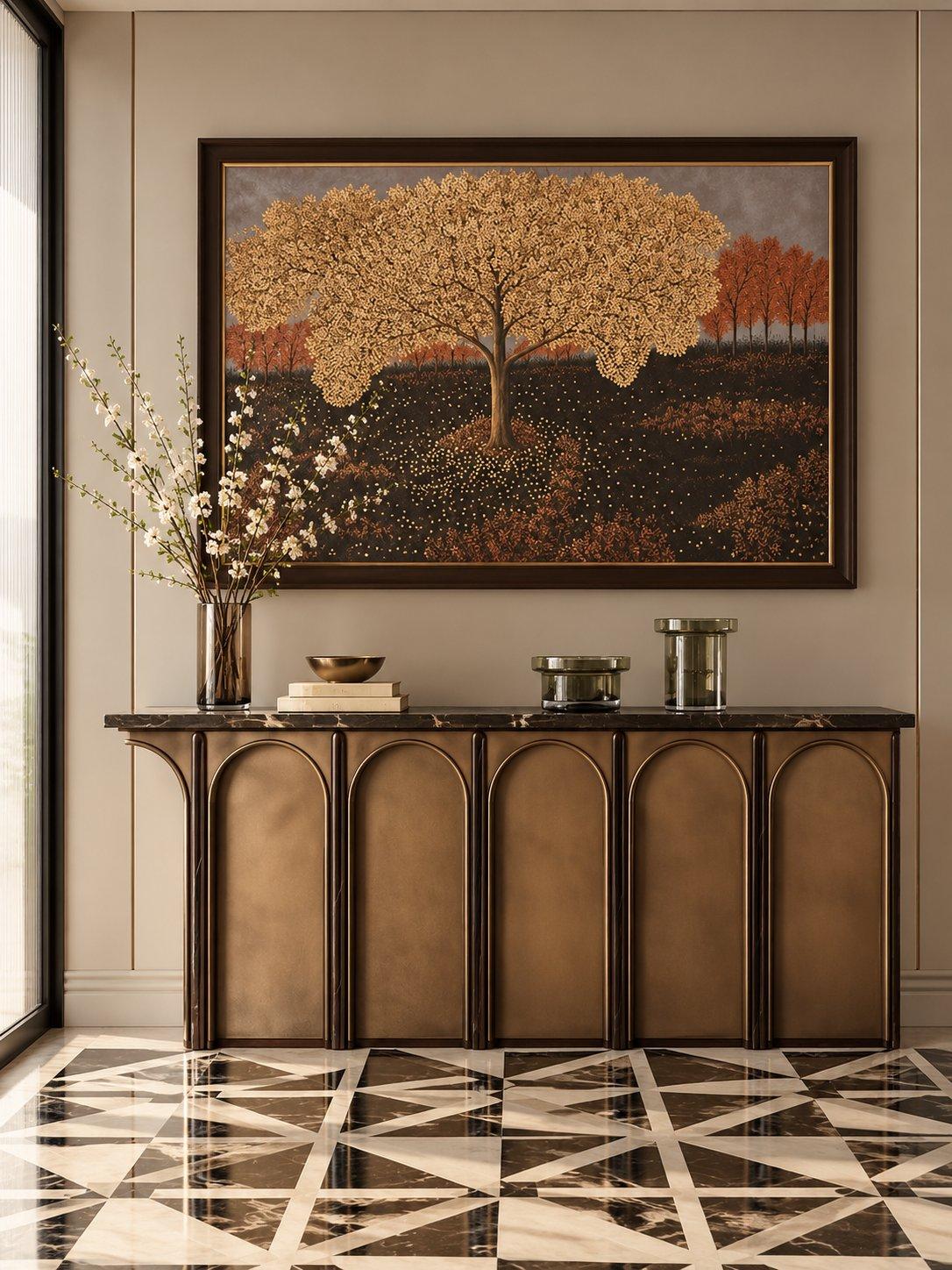 2026 console design idea: bronze console with fluted arched shutters and a dark marble top — Willow Interiors concept render