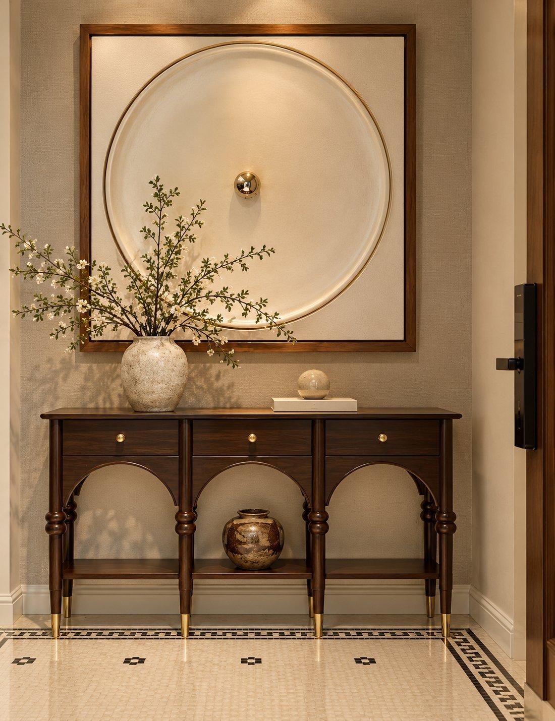 2026 console design idea: classic walnut foyer console with drawers, arches and brass-capped turned legs at the entrance — Willow Interiors concept render