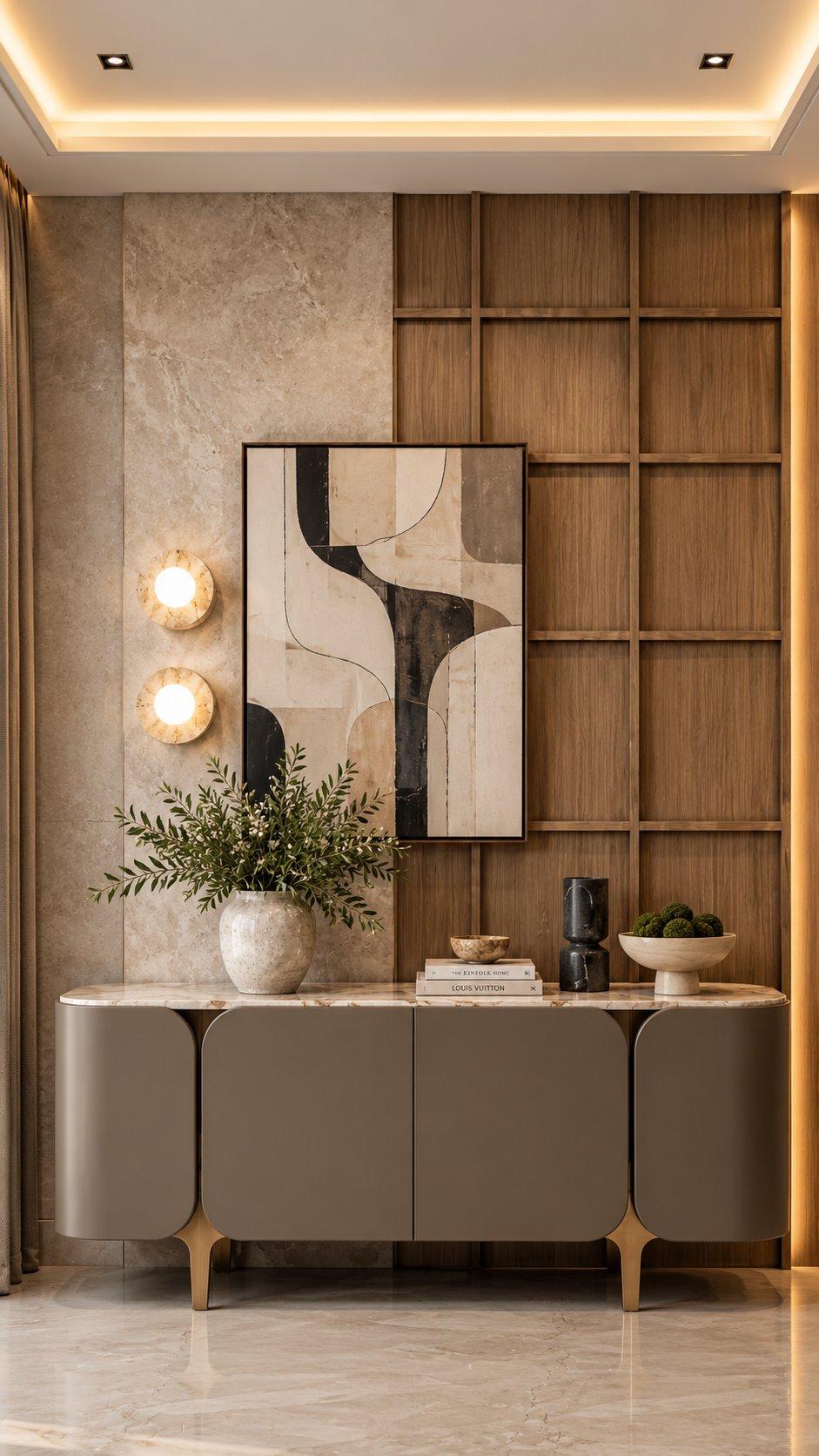 2026 console design idea: taupe console with rounded shutters, a marble top and brass legs, used as a bar unit — Willow Interiors concept render