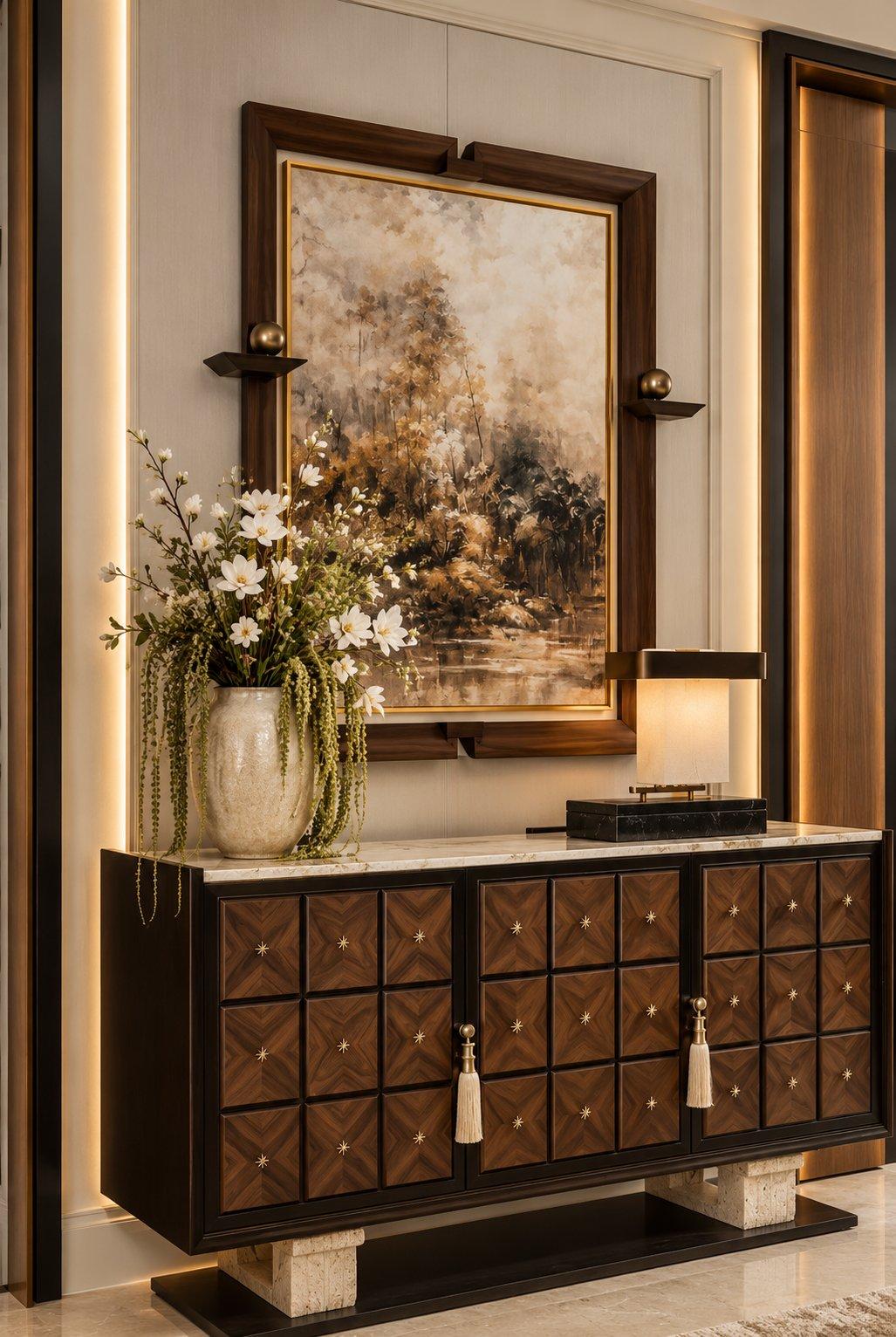 2026 console design idea: luxury walnut console with chevron-pattern shutters, star inlays, tassel pulls and a stone base — Willow Interiors concept render