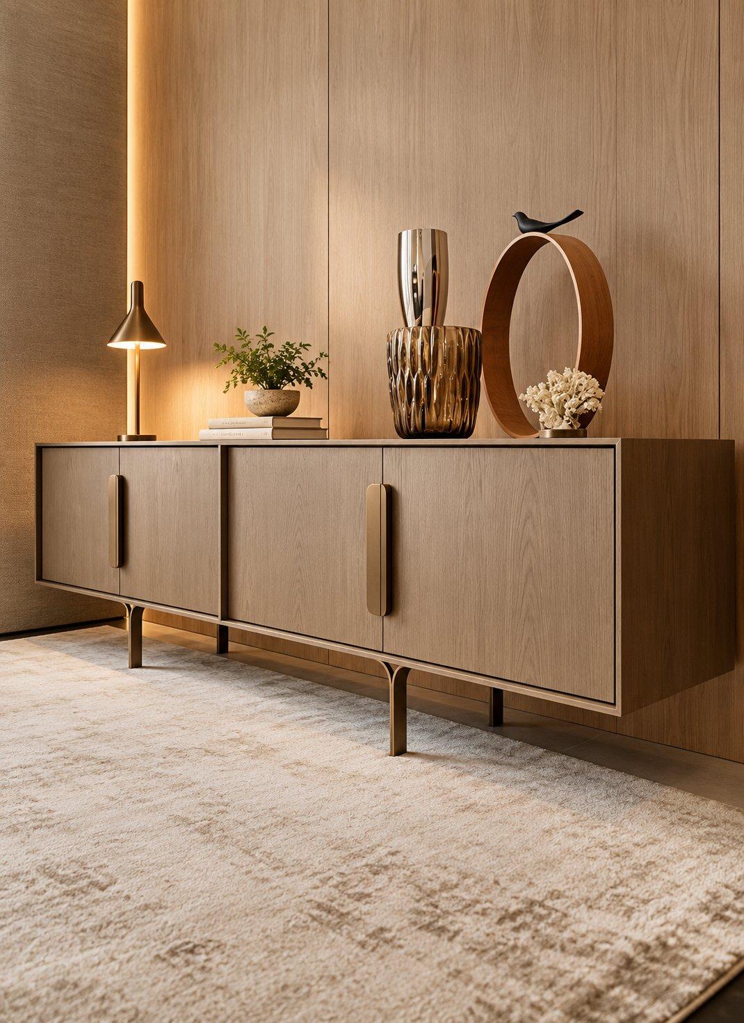2026 console design idea: long oak media console with sculpted bronze handles and slim metal legs — Willow Interiors concept render