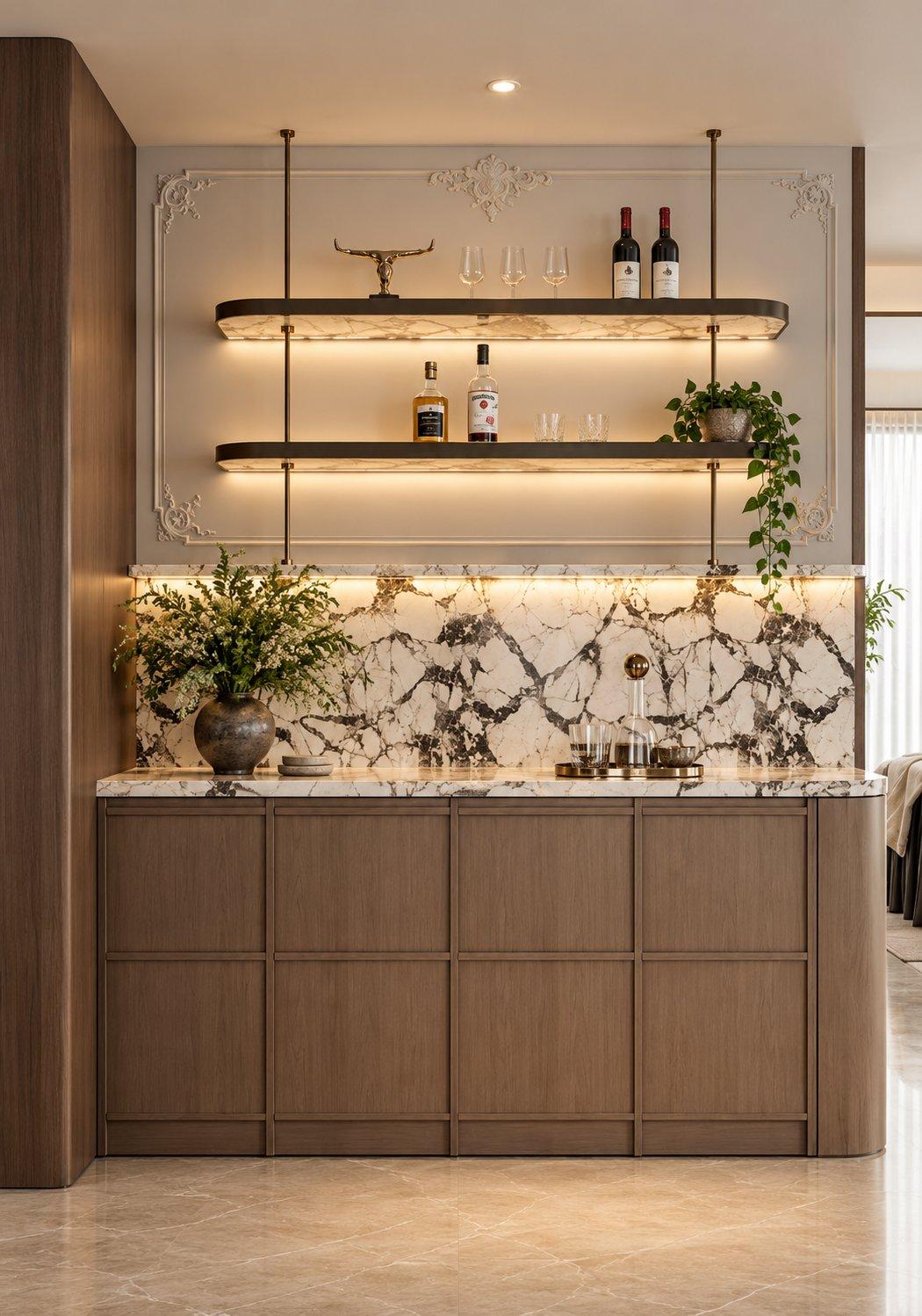 2026 crockery unit design idea: bar-style crockery unit with a marble backsplash and lit floating shelves on metal rods — Willow Interiors concept render