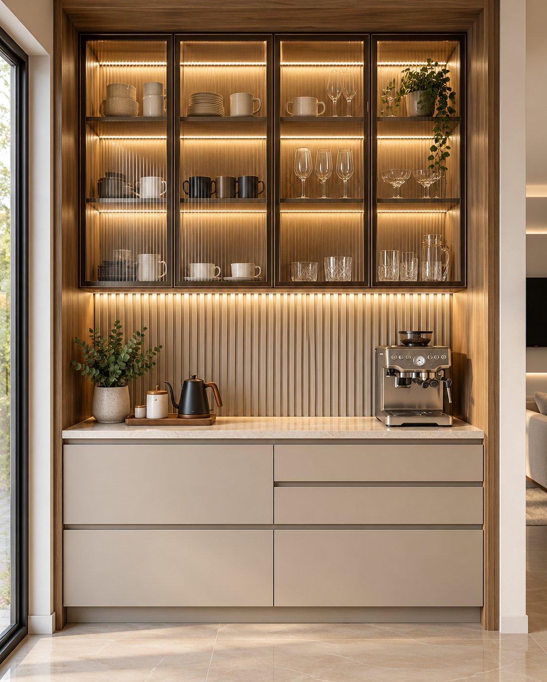 2026 crockery unit design idea: crockery unit with a stone counter, three drawers and a fluted-glass wall unit with lighting — Willow Interiors concept render