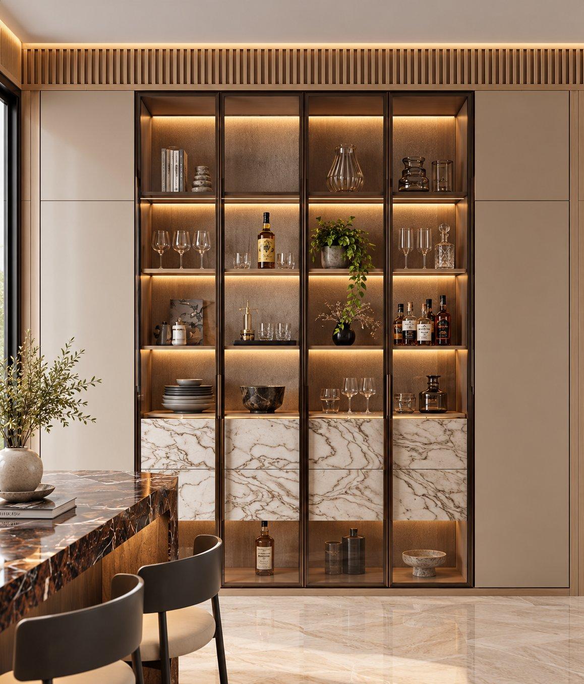 2026 crockery unit design idea: tall floor-to-ceiling crockery unit with lit glass shelves and marble-finish drawers — Willow Interiors concept render