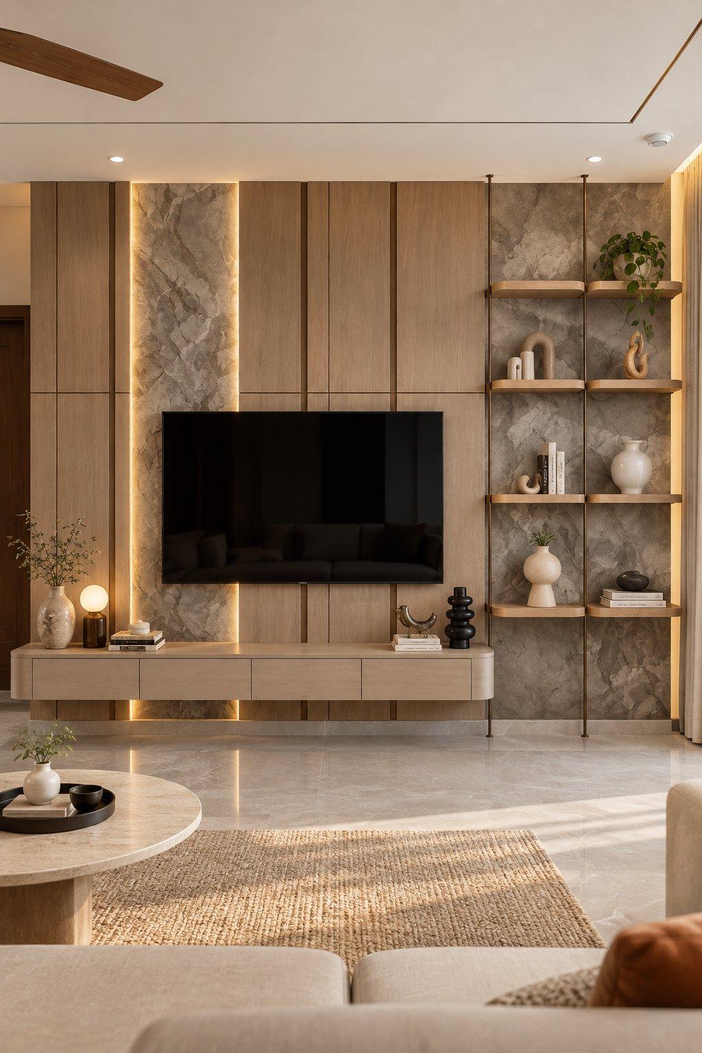 2026 TV unit design idea: grooved wood panel TV wall with lit PU stone inlays, curved open shelves on metal rods and a floating console — Willow Interiors concept render