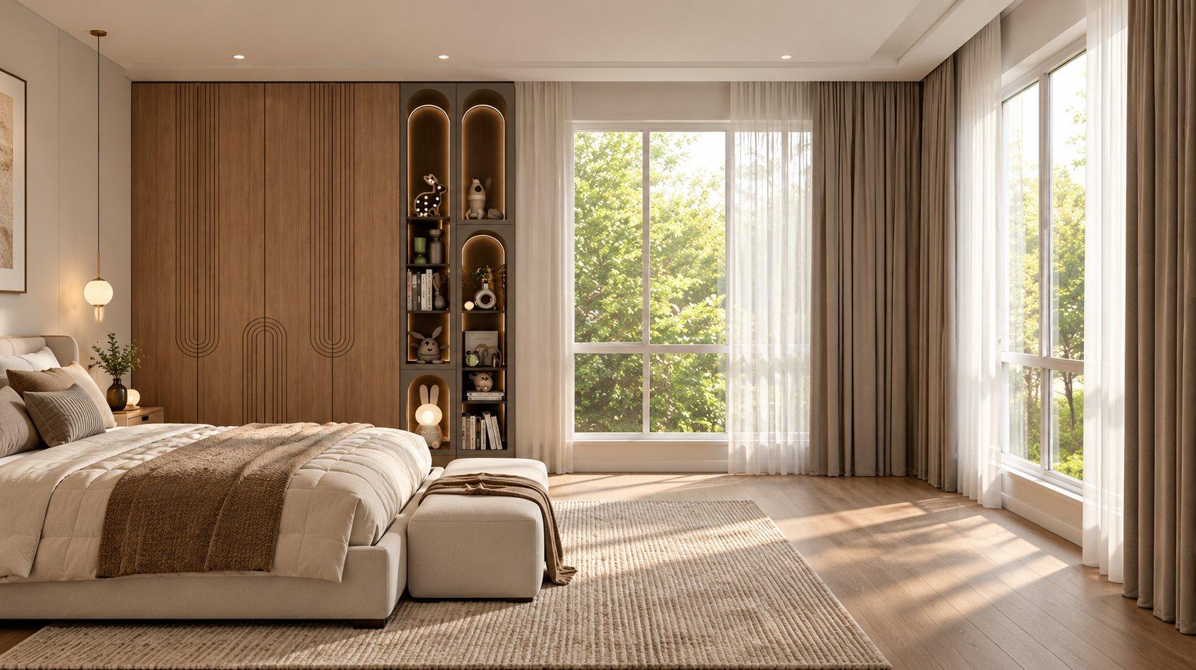 2026 wardrobe design idea: wood veneer wardrobe with CNC-grooved arch lines beside lit arched open shelves in a bright bedroom — Willow Interiors concept render