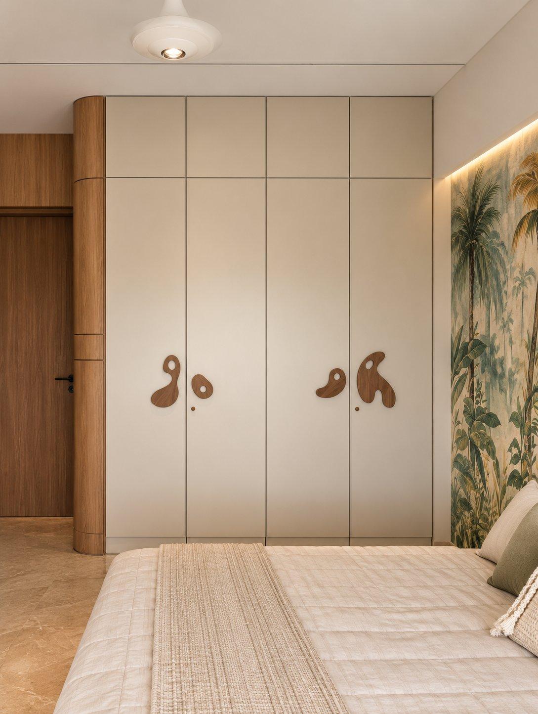 2026 wardrobe design idea: matte cream wardrobe with sculpted wooden handles in playful shapes — Willow Interiors concept render