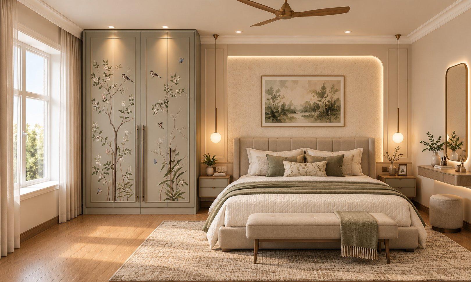 2026 wardrobe design idea: sage green wardrobe with custom floral and bird printed laminate in a calm bedroom — Willow Interiors concept render