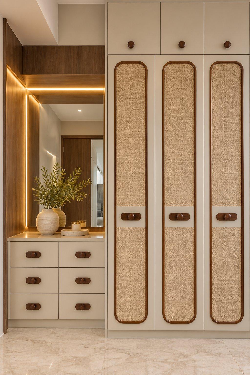 2026 wardrobe design idea: cream wardrobe with rattan-look laminate panels framed in curved rubber wood trim, beside a lit dresser — Willow Interiors concept render