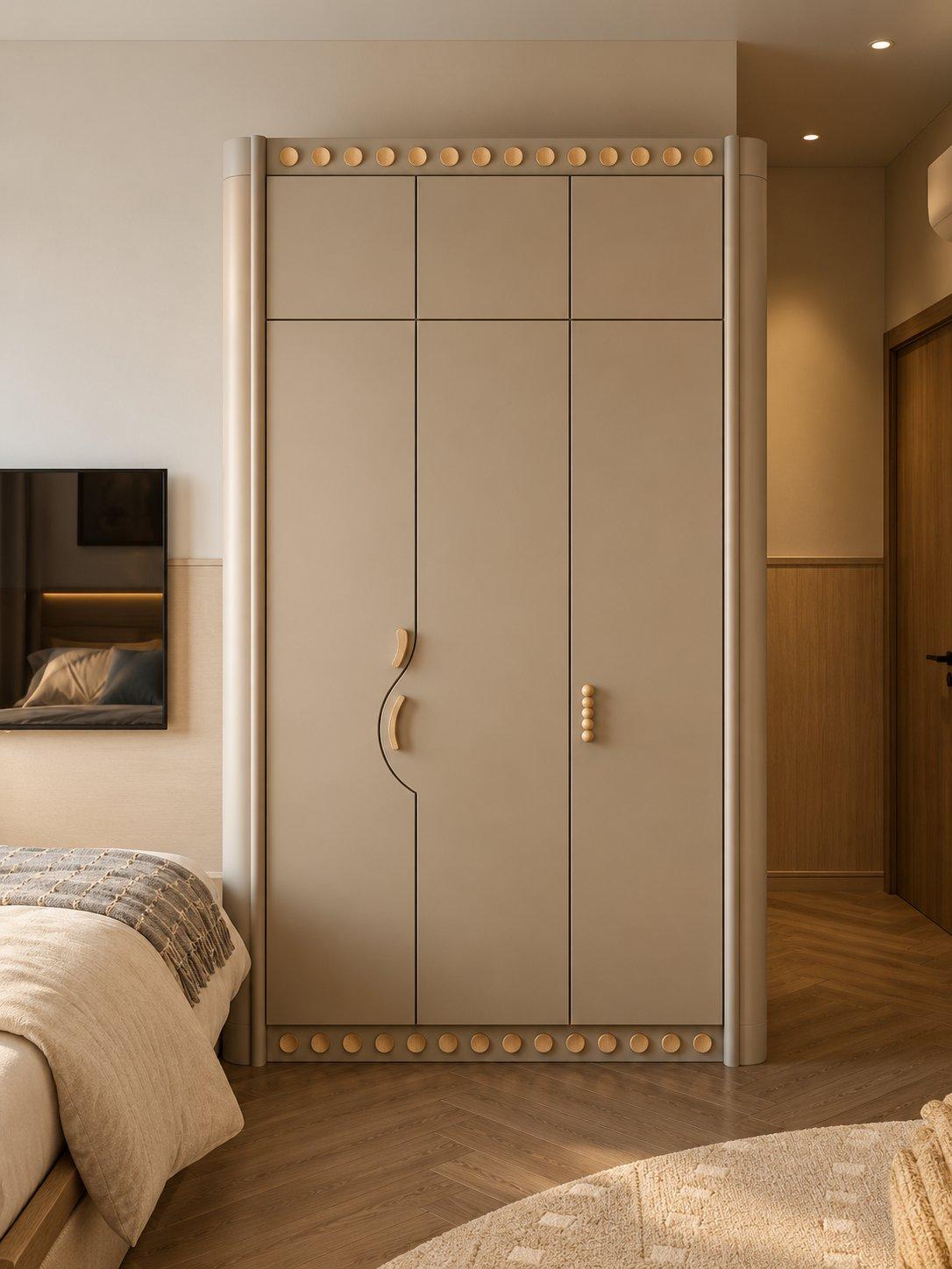 2026 wardrobe design idea: plain pastel wardrobe with CNC-cut circle pattern on the skirting and loft filler — Willow Interiors concept render