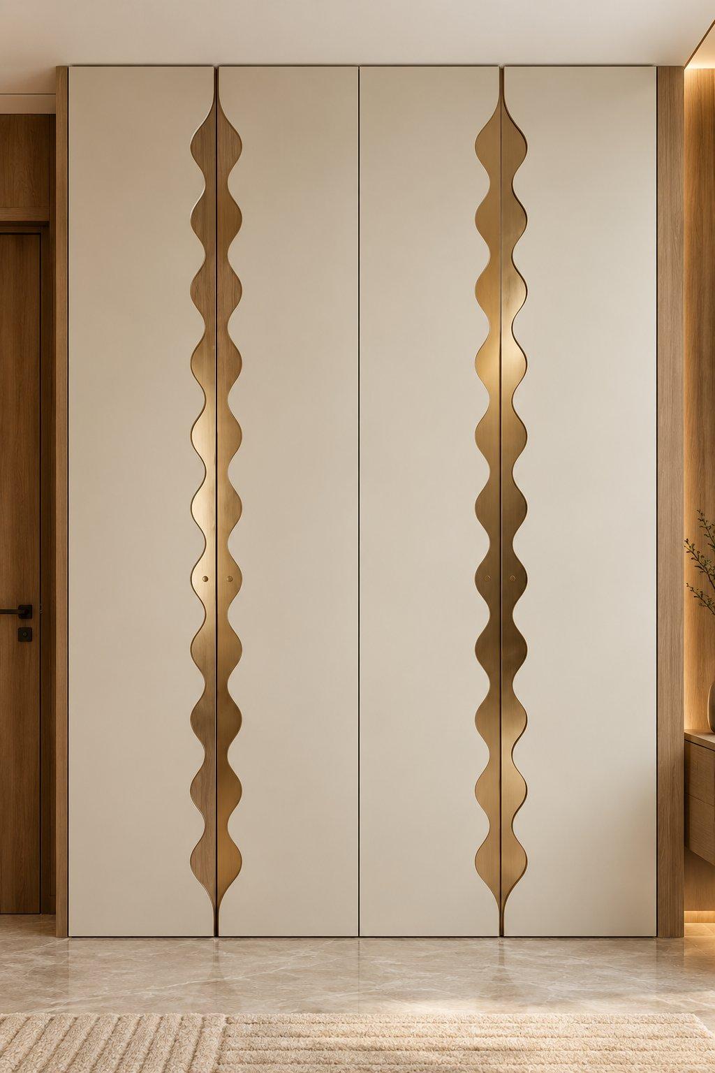 2026 wardrobe design idea: cream floor-to-ceiling wardrobe with bronze wave-shaped overlay panels along the shutter joints — Willow Interiors concept render