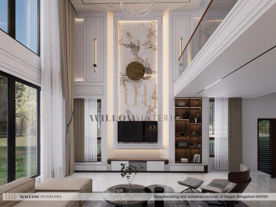 Double-height living room with a backlit floral feature wall, TV unit and full-height curtains — 3D interior design for an independent house in Bangalore