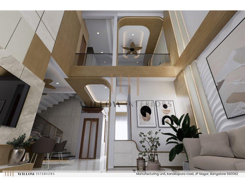 Duplex double-height space with a bridge, staircase and feature wall — 3D interior design for an independent house in Bangalore