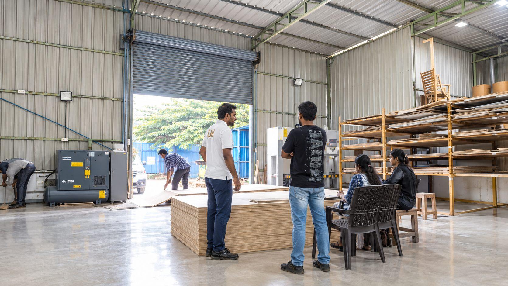 Client visiting Willow’s factory to watch laminate being pasted onto plywood panels for their home